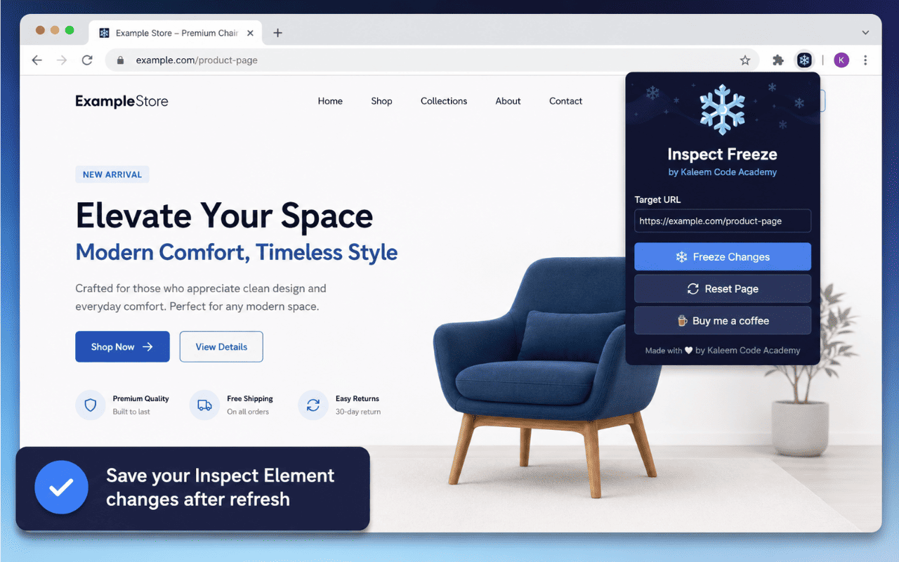 Inspect Freeze Chrome extension popup interface