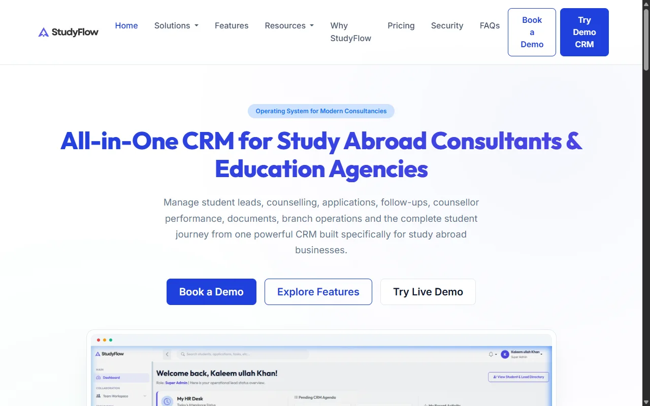 StudyFlow CRM platform preview