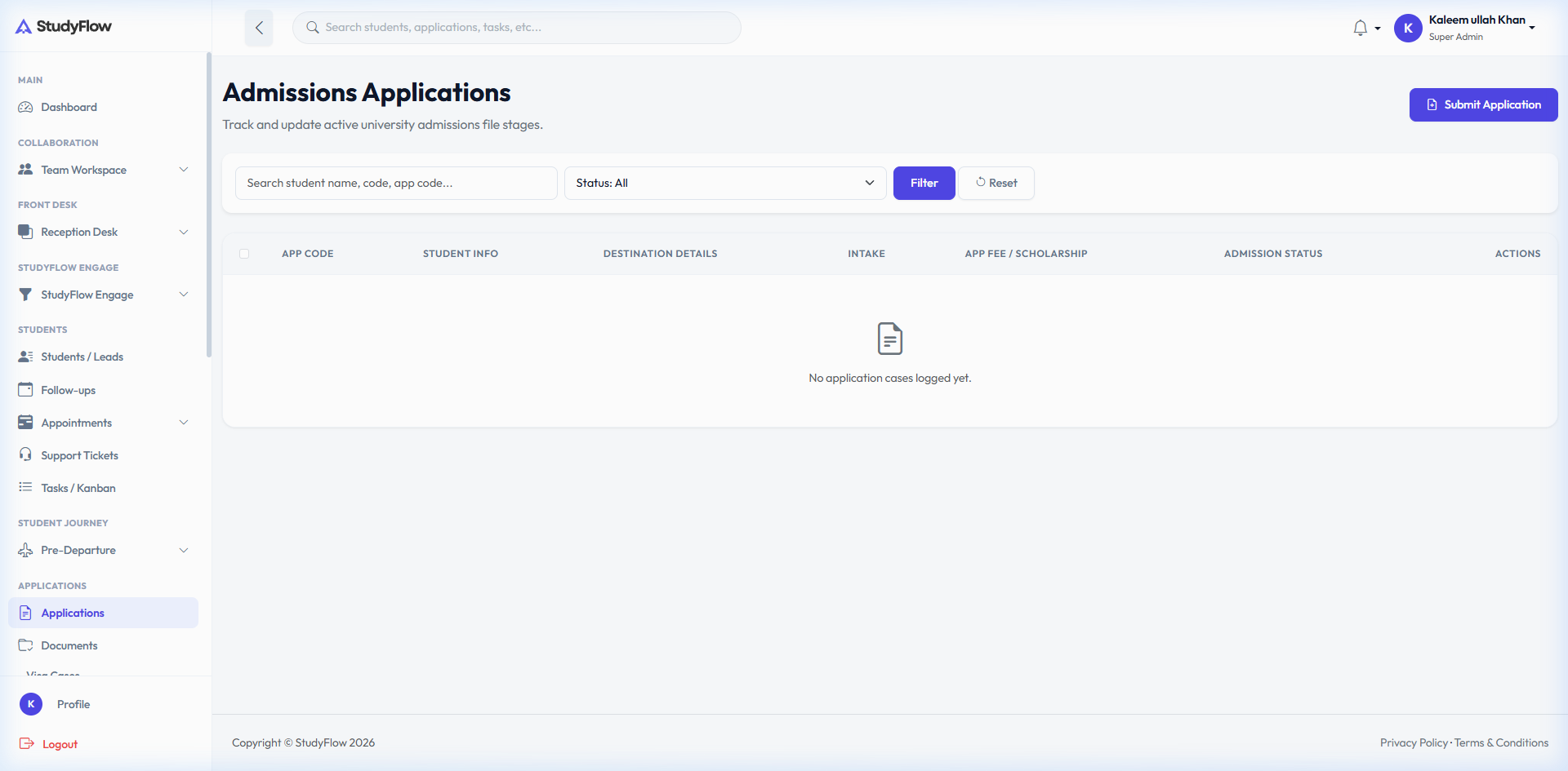 StudyFlow CRM Applications Tracking Console