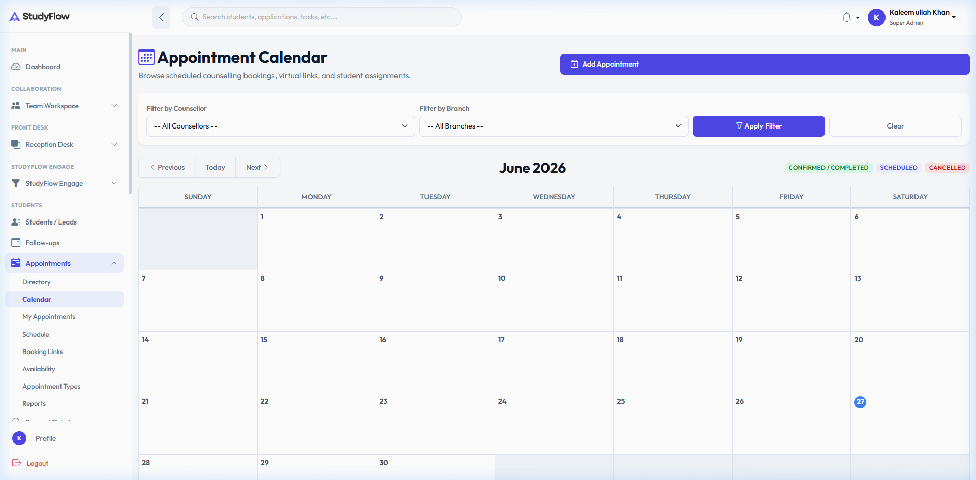 StudyFlow CRM Follow-ups Calendar