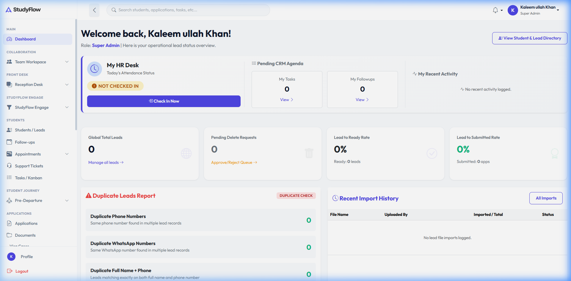 StudyFlow CRM Dashboard Overview