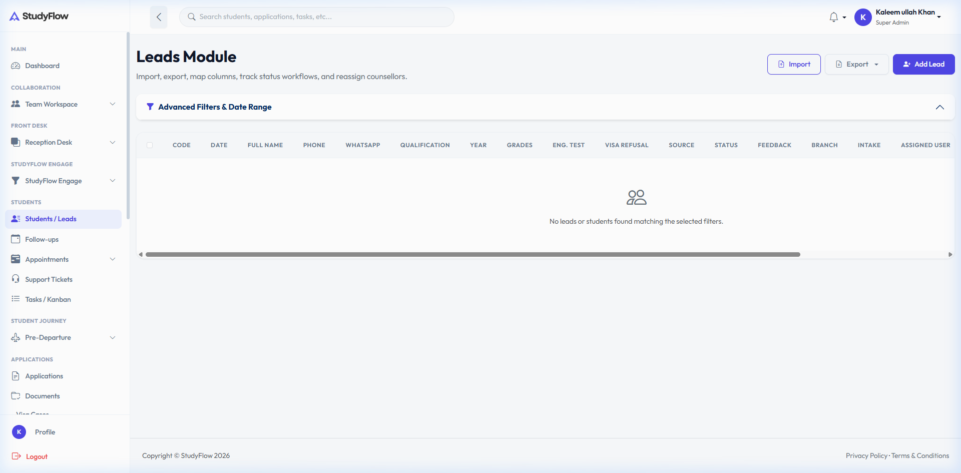StudyFlow CRM Lead Management Interface