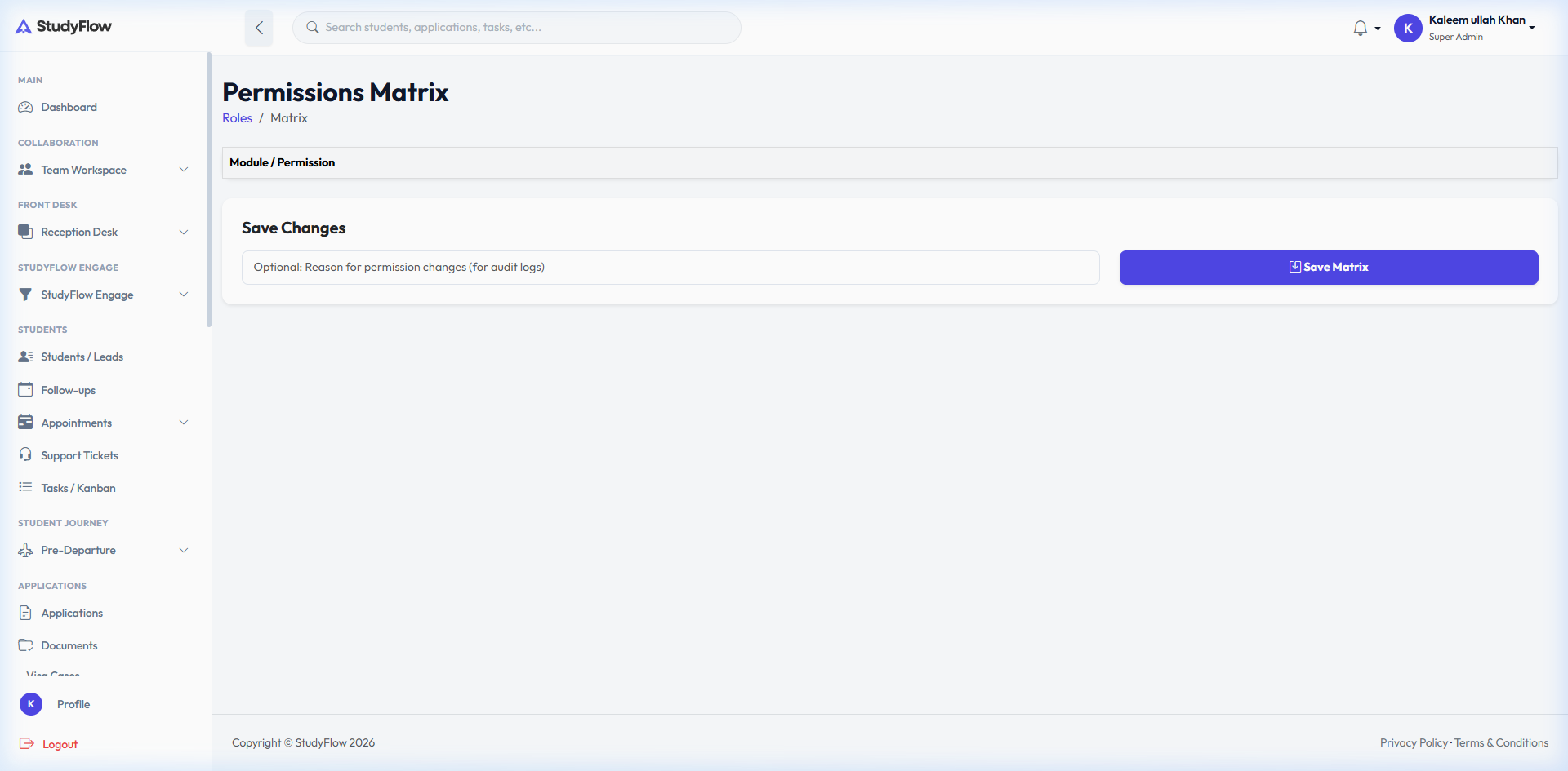 StudyFlow CRM Role Settings